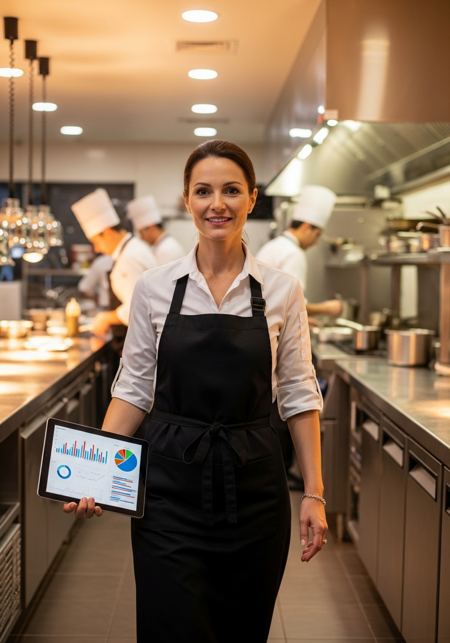 Restaurant owner walking through kitchen with analytics tablet